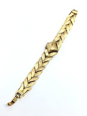 VINTAGE GOLD TONE Bracelet Leaf Link Watch Case Hidden Clasp Chevron Wide
